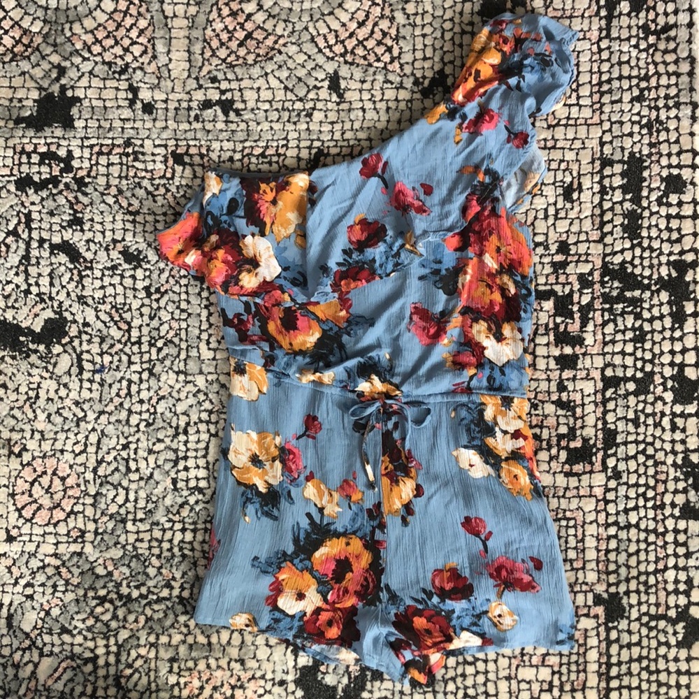 One Shoulder Romper with Ruffle and Cinched Waist